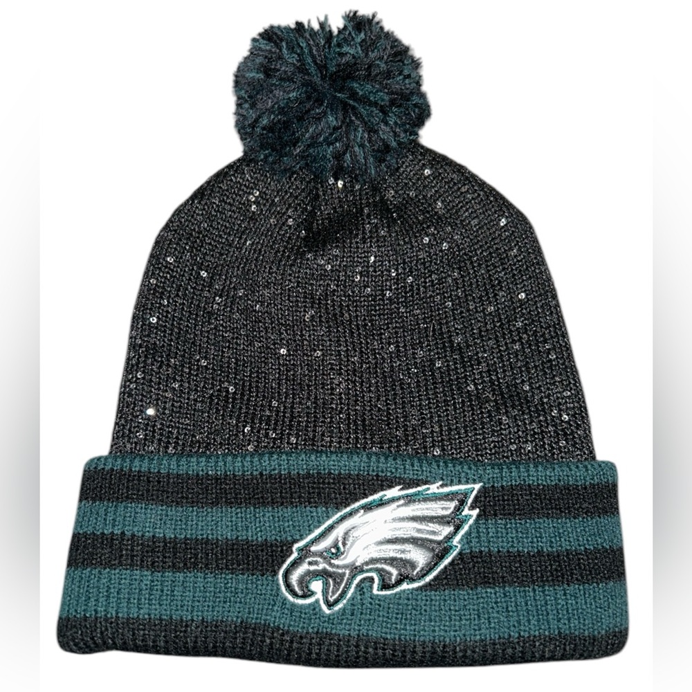 Women's Eagles NFL Team Natural Barista Cuffed Knit Hat with Pom